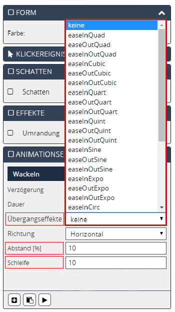 Screen Editor Animationseffekte Abstand Schleife Übergangseffekte